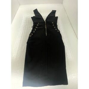 Iris Black Midi Dress‎ Lace Up Sleeveless V Neck Bodycon Party Size M